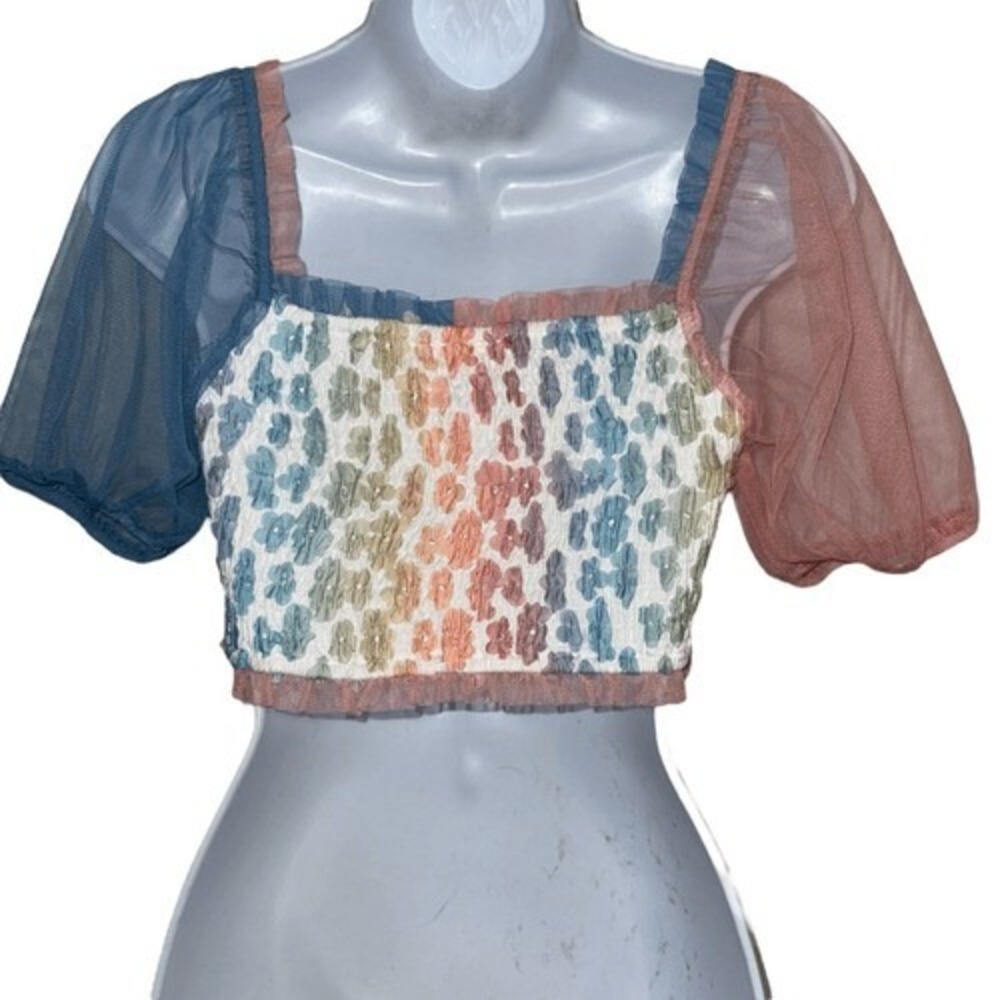 STORIA Mesh Tinkerbell Crop Top Daisy Appliques NWOT Size Small‎ - Picture 7 of 9